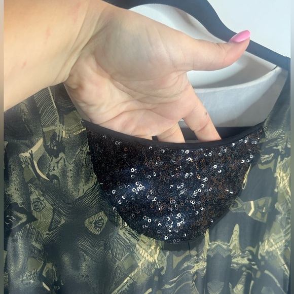 YEDINA size S, long sleeve dress green and black, sequins, sheer - Picture 4 of 7